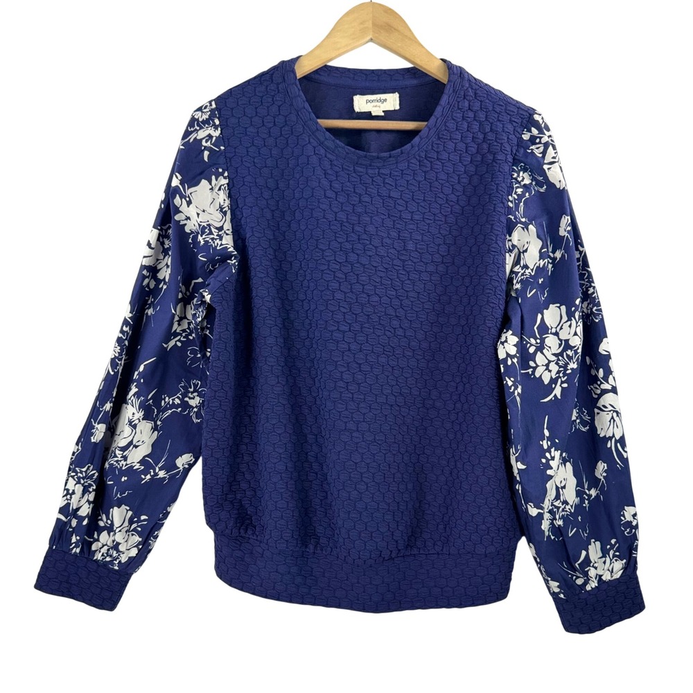 Porridge Floral Puff Sleeve Top L Navy Honeycomb Textured preppy knit retro